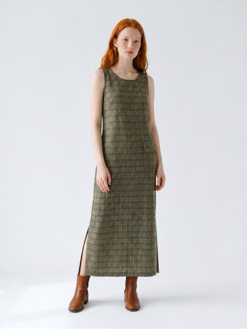 Kathie Lee Collection Olive Plaid Sleeveless Maxi Dress
